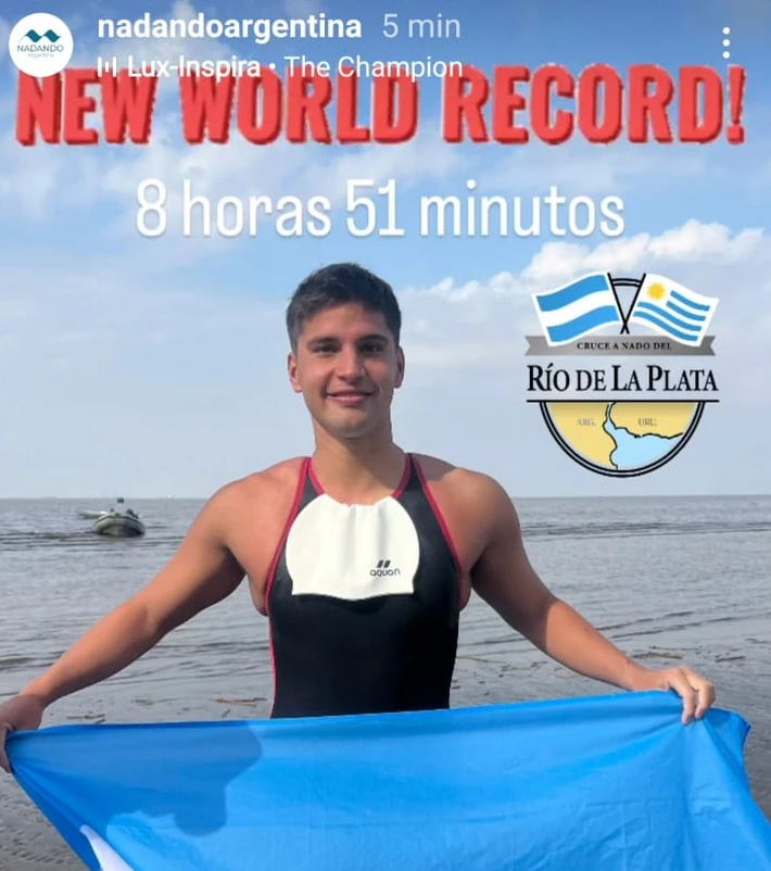 El nadador santacruceño Matías Díaz Hernández batió el récord del cruce del Río de la Plata